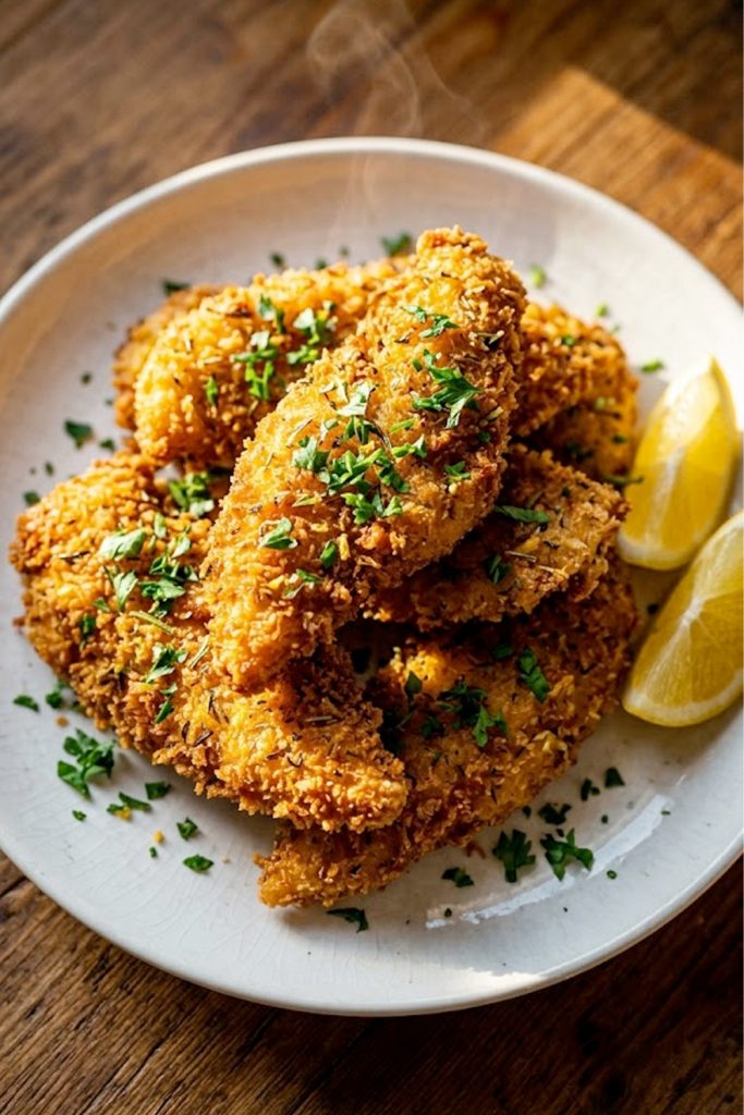 Homemade crispy lemon herb chicken tenders piled high on a white plate with a golden panko crust garnished with fresh parsley and lemon wedges