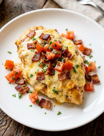 Homemade Monterey chicken on a white plate topped with melted cheese, crispy bacon, diced tomatoes and fresh herbs