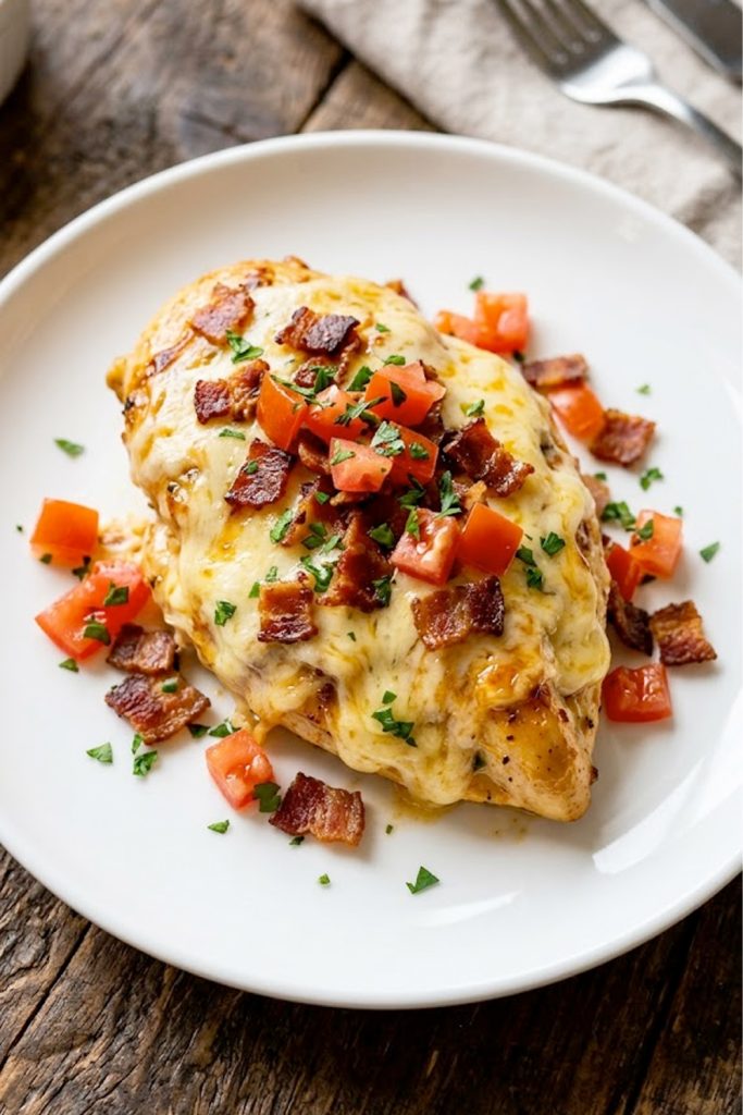 Homemade Monterey chicken on a white plate topped with melted cheese, crispy bacon, diced tomatoes and fresh herbs