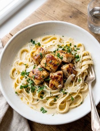 A bowl of honey butter chicken alfredo with golden seared chicken pieces over creamy fettuccine, topped with fresh parsley and shaved parmesan