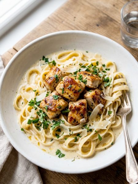 A bowl of honey butter chicken alfredo with golden seared chicken pieces over creamy fettuccine, topped with fresh parsley and shaved parmesan
