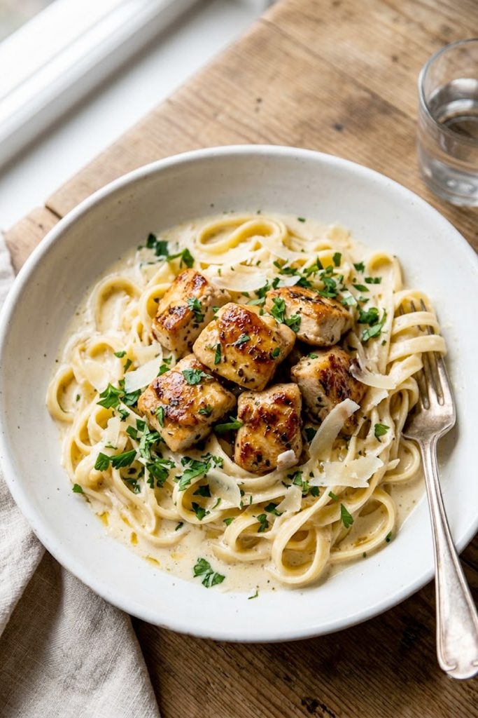 A bowl of honey butter chicken alfredo with golden seared chicken pieces over creamy fettuccine, topped with fresh parsley and shaved parmesan