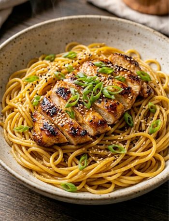 Honey garlic chicken pasta with pan-seared chicken strips laid over spaghetti noodles, topped with sliced green onions and sesame seeds in a wide ceramic bowl