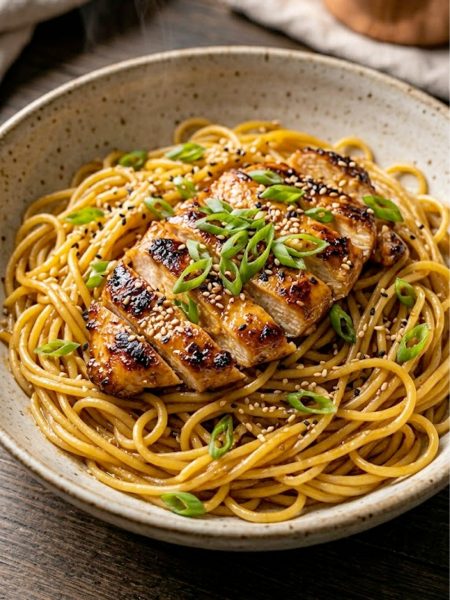 Honey garlic chicken pasta with pan-seared chicken strips laid over spaghetti noodles, topped with sliced green onions and sesame seeds in a wide ceramic bowl