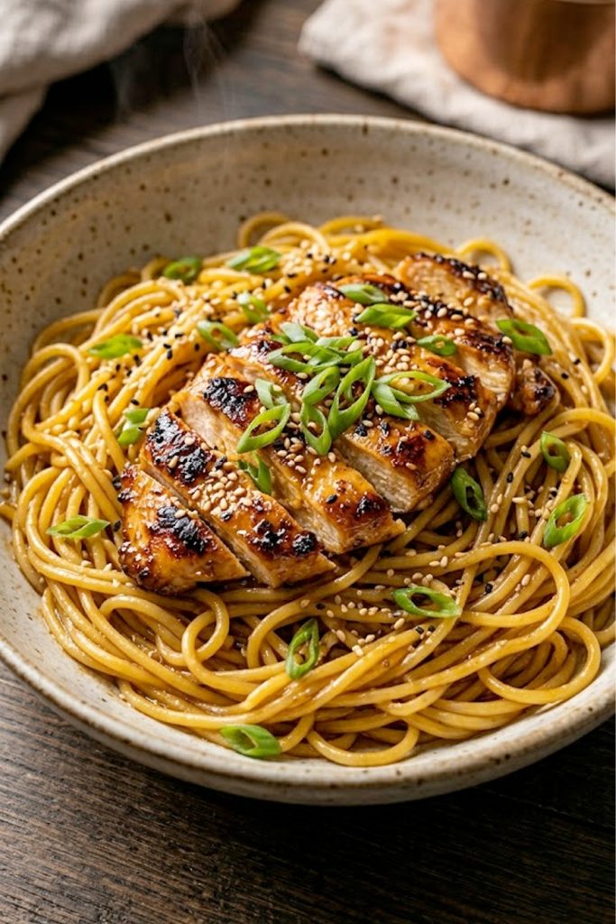 Honey garlic chicken pasta with pan-seared chicken strips laid over spaghetti noodles, topped with sliced green onions and sesame seeds in a wide ceramic bowl