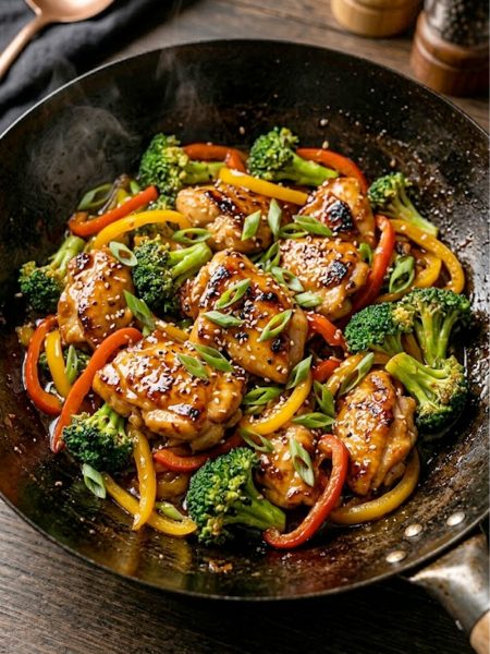 Honey garlic chicken stir fry with juicy chicken pieces, broccoli florets, and colorful bell peppers coated in a sticky glossy honey garlic sauce in a black wok
