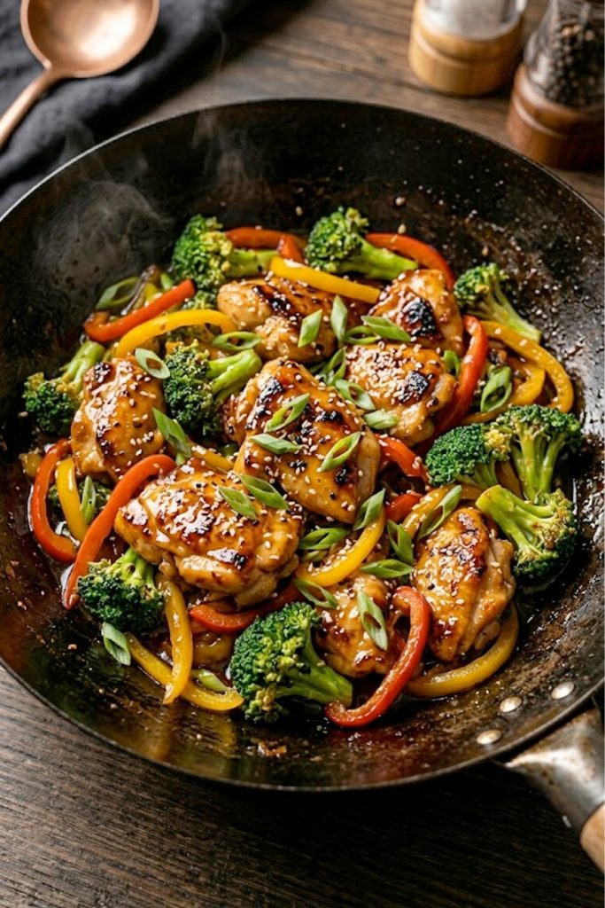 Honey garlic chicken stir fry with juicy chicken pieces, broccoli florets, and colorful bell peppers coated in a sticky glossy honey garlic sauce in a black wok