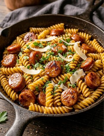 Honey garlic sausage pasta with caramelized sausage slices and rotini tossed in a sticky glaze, garnished with fresh parsley and parmesan in a black skillet