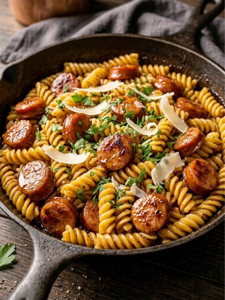 Honey garlic sausage pasta with caramelized sausage slices and rotini tossed in a sticky glaze, garnished with fresh parsley and parmesan in a black skillet