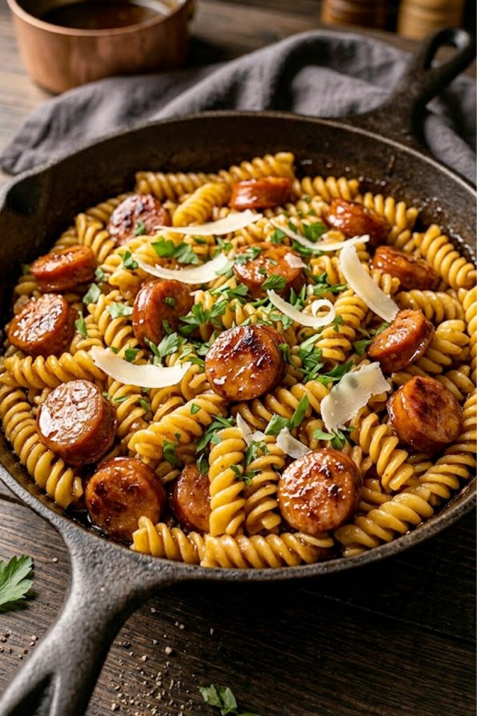 Honey garlic sausage pasta with caramelized sausage slices and rotini tossed in a sticky glaze, garnished with fresh parsley and parmesan in a black skillet