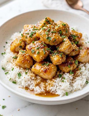 Overhead close up of honey garlic chicken dinner with perfectly glazed golden chicken pieces piled over fluffy white rice in a white ceramic bowl garnished with fresh chives parsley and sesame seeds