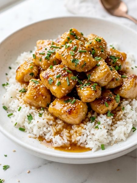 Overhead close up of honey garlic chicken dinner with perfectly glazed golden chicken pieces piled over fluffy white rice in a white ceramic bowl garnished with fresh chives parsley and sesame seeds