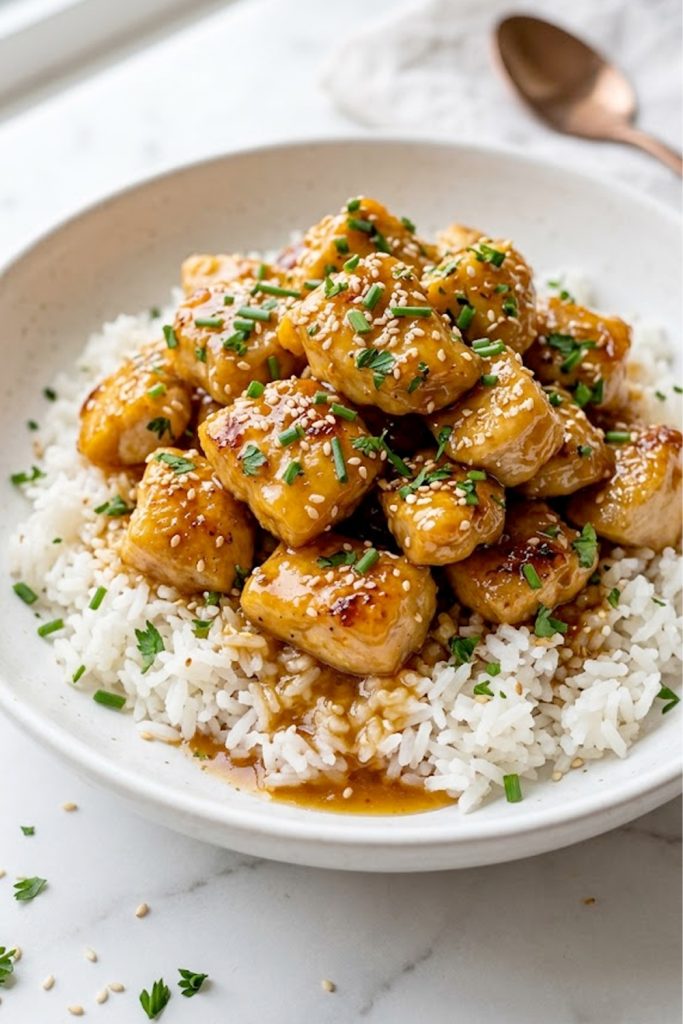 Overhead close up of honey garlic chicken dinner with perfectly glazed golden chicken pieces piled over fluffy white rice in a white ceramic bowl garnished with fresh chives parsley and sesame seeds