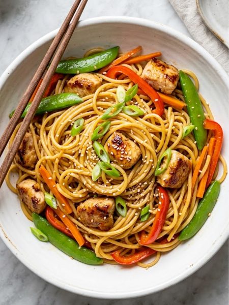 Overhead view of honey garlic chicken noodles with tender chicken, snap peas, red bell pepper, and sesame seeds in a white ceramic bowl