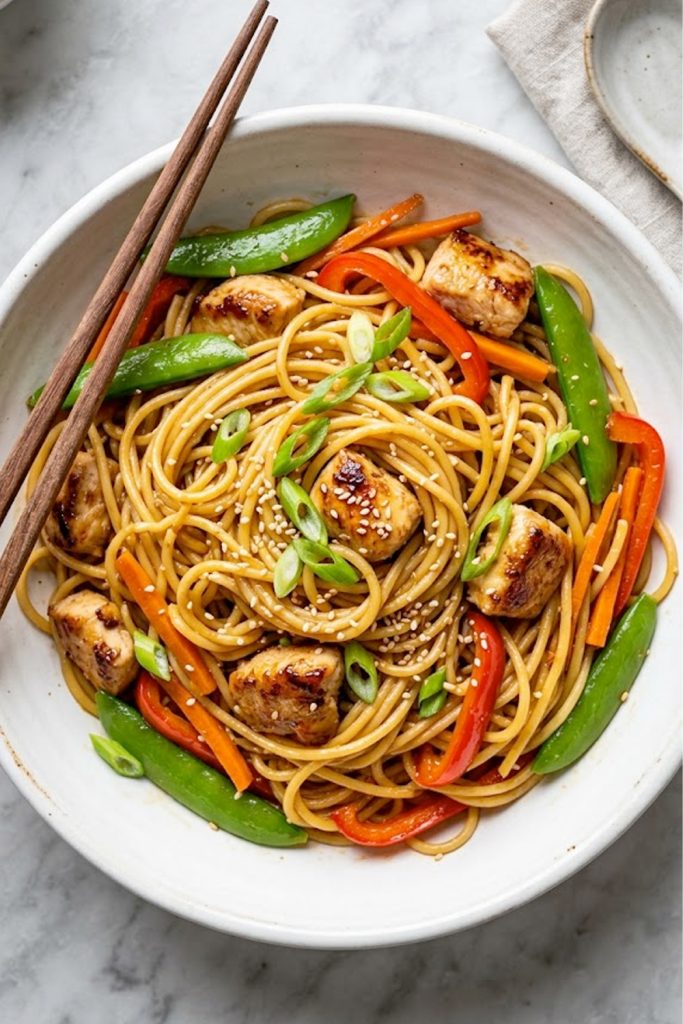 Overhead view of honey garlic chicken noodles with tender chicken, snap peas, red bell pepper, and sesame seeds in a white ceramic bowl
