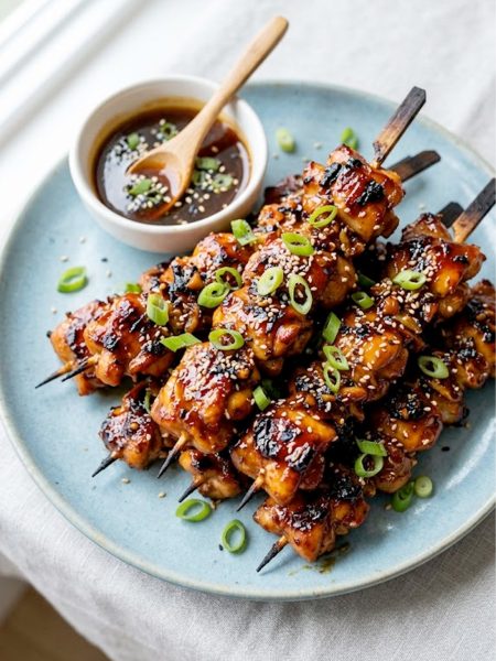 Overhead view of sticky honey garlic chicken skewers piled on a blue ceramic plate garnished with sliced green onions and sesame seeds