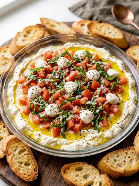 A glass dish of layered bruschetta dip with fresh tomatoes basil crumbled cheese and a drizzle of olive oil surrounded by toasted baguette slices
