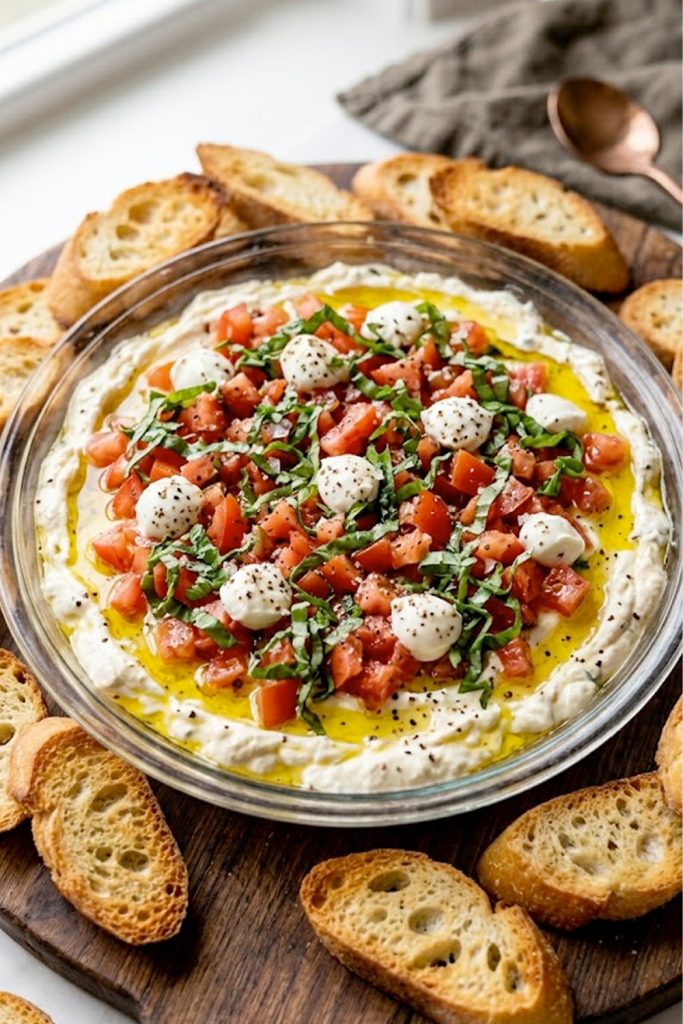 A glass dish of layered bruschetta dip with fresh tomatoes basil crumbled cheese and a drizzle of olive oil surrounded by toasted baguette slices