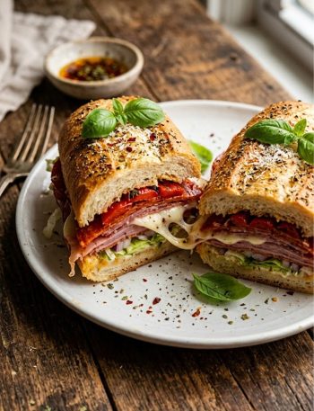 A golden toasted Italian grinder sandwich cut in half showing layers of pepperoni, salami, ham, melted mozzarella and roasted peppers on a white plate