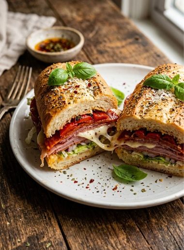 A golden toasted Italian grinder sandwich cut in half showing layers of pepperoni, salami, ham, melted mozzarella and roasted peppers on a white plate