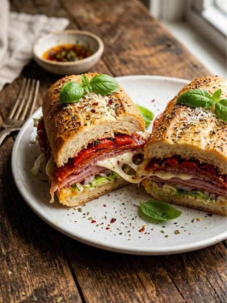 A golden toasted Italian grinder sandwich cut in half showing layers of pepperoni, salami, ham, melted mozzarella and roasted peppers on a white plate
