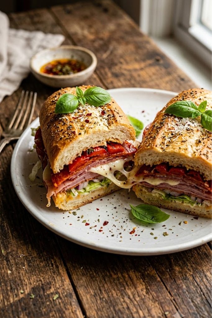A golden toasted Italian grinder sandwich cut in half showing layers of pepperoni, salami, ham, melted mozzarella and roasted peppers on a white plate