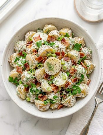 A creamy Jamie Oliver potato salad with baby potatoes, crispy bacon, fresh dill, and green onions in a large serving bowl