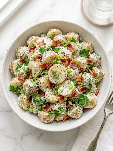 A creamy Jamie Oliver potato salad with baby potatoes, crispy bacon, fresh dill, and green onions in a large serving bowl