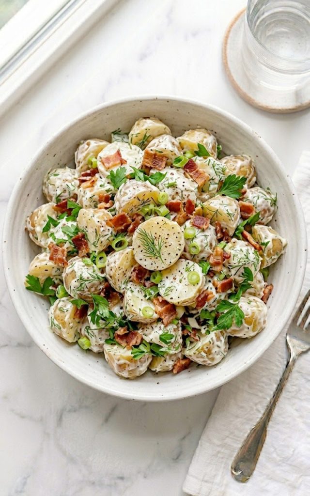 A creamy Jamie Oliver potato salad with baby potatoes, crispy bacon, fresh dill, and green onions in a large serving bowl