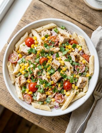 A large white bowl of creamy Jimmy Buffett pasta salad with penne, chicken, corn, cherry tomatoes, bell peppers, and red onion tossed in a tangy creamy dressing