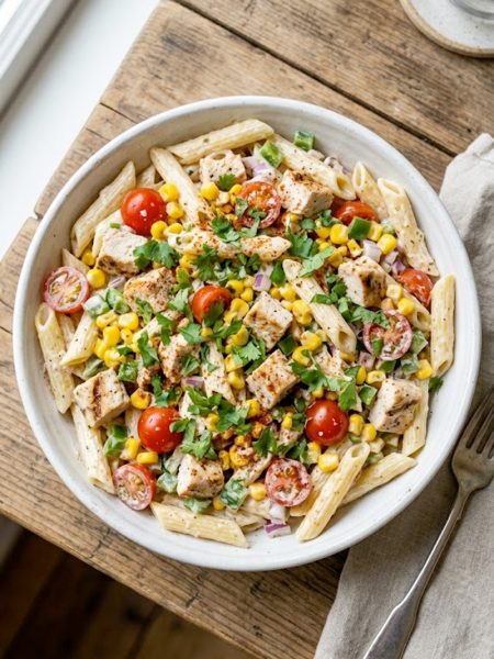A large white bowl of creamy Jimmy Buffett pasta salad with penne, chicken, corn, cherry tomatoes, bell peppers, and red onion tossed in a tangy creamy dressing