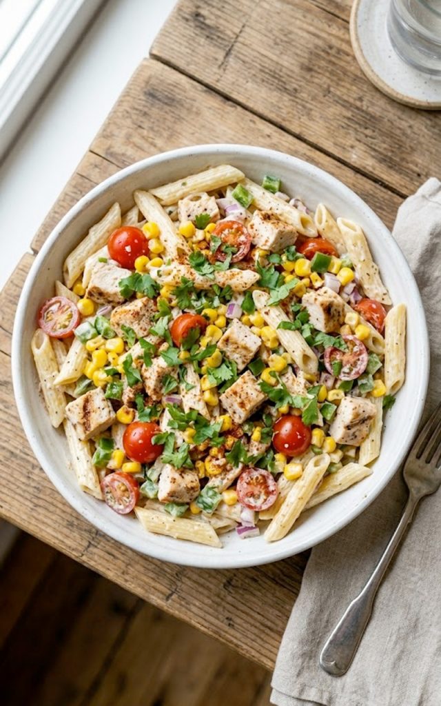 A large white bowl of creamy Jimmy Buffett pasta salad with penne, chicken, corn, cherry tomatoes, bell peppers, and red onion tossed in a tangy creamy dressing