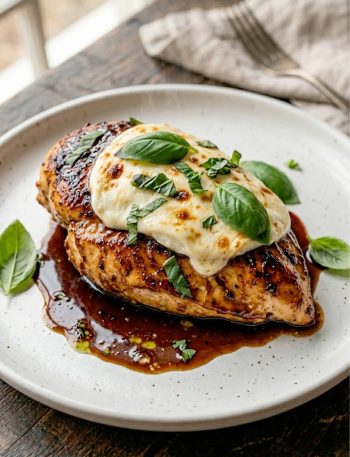 A juicy pan-seared chicken breast glazed with rich balsamic reduction and topped with melted fresh mozzarella and fresh basil leaves on a white plate