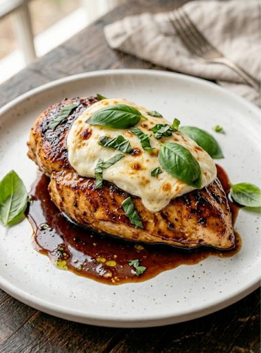 A juicy pan-seared chicken breast glazed with rich balsamic reduction and topped with melted fresh mozzarella and fresh basil leaves on a white plate
