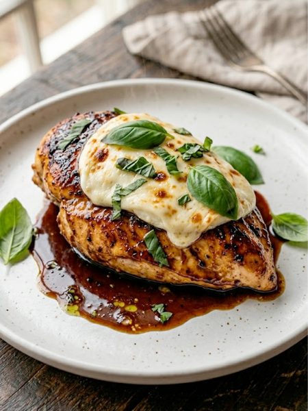 A juicy pan-seared chicken breast glazed with rich balsamic reduction and topped with melted fresh mozzarella and fresh basil leaves on a white plate