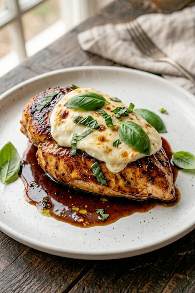A juicy pan-seared chicken breast glazed with rich balsamic reduction and topped with melted fresh mozzarella and fresh basil leaves on a white plate