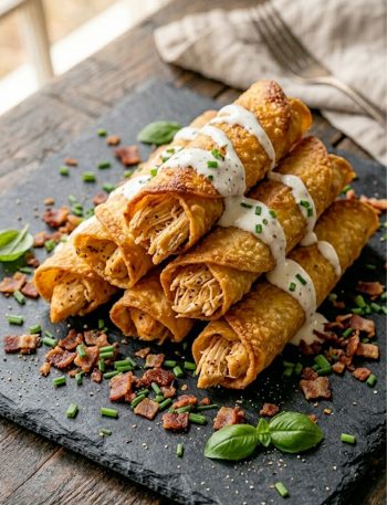 A pile of crispy golden keto chicken ranch taquitos drizzled with ranch dressing and garnished with fresh chives and crumbled bacon on a dark slate surface