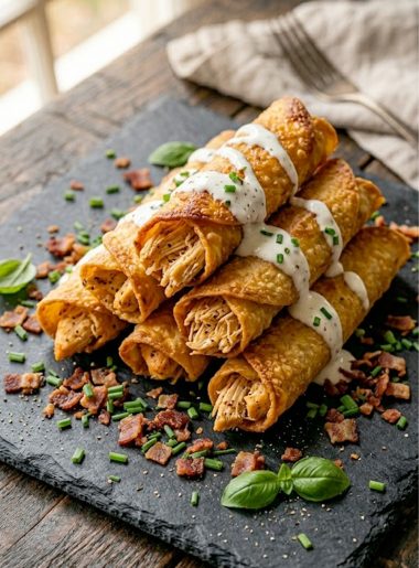 A pile of crispy golden keto chicken ranch taquitos drizzled with ranch dressing and garnished with fresh chives and crumbled bacon on a dark slate surface