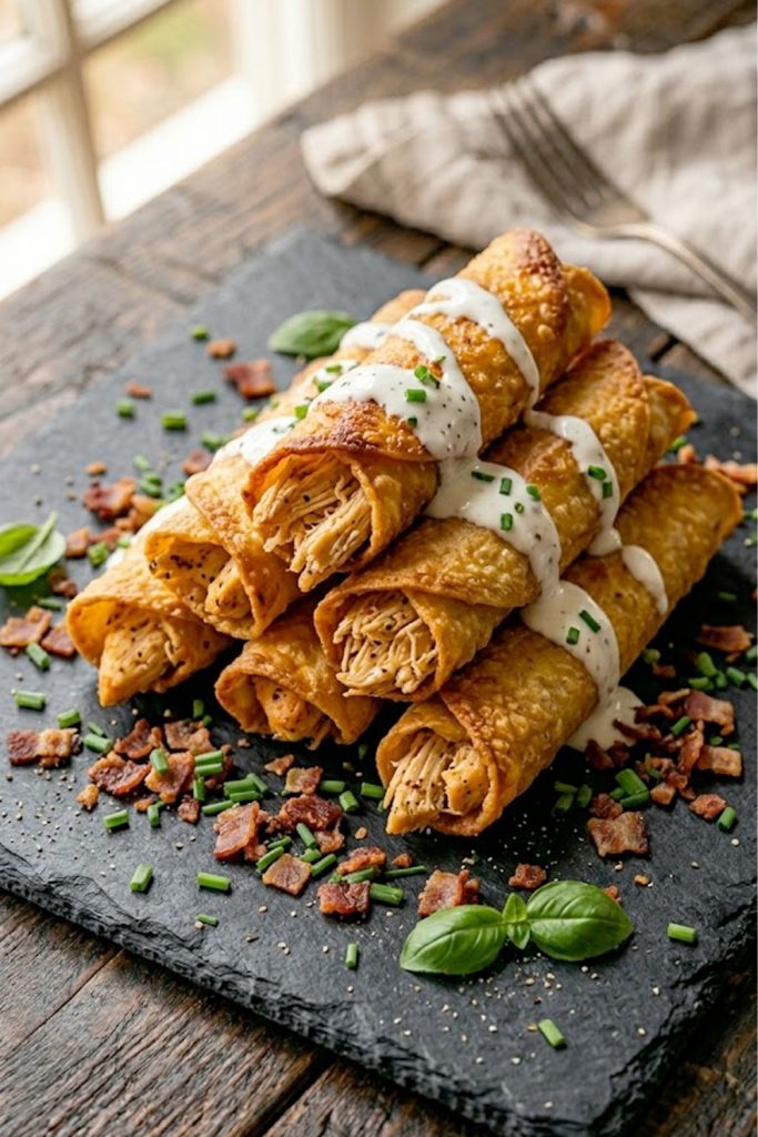 A pile of crispy golden keto chicken ranch taquitos drizzled with ranch dressing and garnished with fresh chives and crumbled bacon on a dark slate surface