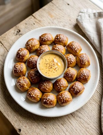 Golden keto pretzel bites arranged on a white plate with a small bowl of creamy cheese dipping sauce in the center, topped with coarse sea salt, on a rustic wooden surface