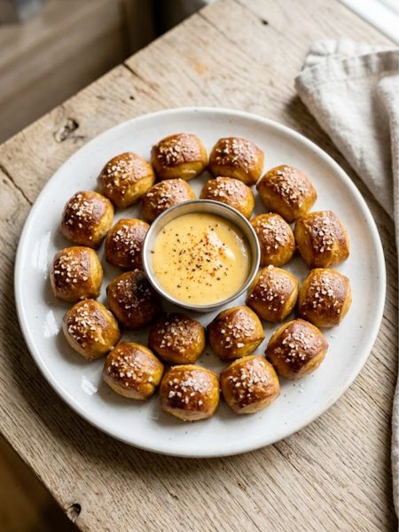 Golden keto pretzel bites arranged on a white plate with a small bowl of creamy cheese dipping sauce in the center, topped with coarse sea salt, on a rustic wooden surface