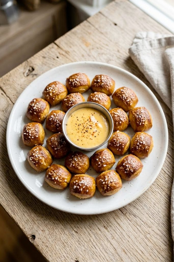 Golden keto pretzel bites arranged on a white plate with a small bowl of creamy cheese dipping sauce in the center, topped with coarse sea salt, on a rustic wooden surface