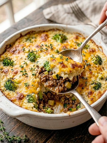 A golden-topped keto shepherd's pie with cauliflower mash in a white ceramic baking dish, with a spoon lifting a hearty portion to show the savory ground beef and vegetable filling underneath
