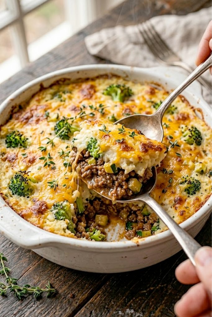 A golden-topped keto shepherd's pie with cauliflower mash in a white ceramic baking dish, with a spoon lifting a hearty portion to show the savory ground beef and vegetable filling underneath