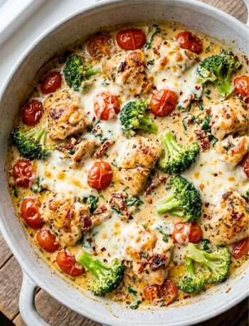 A large skillet filled with creamy keto Tuscan chicken chunks, bright cherry tomatoes, broccoli florets and melted mozzarella cheese in a rich Tuscan sauce on a rustic wooden surface
