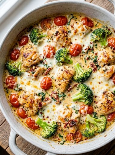 A large skillet filled with creamy keto Tuscan chicken chunks, bright cherry tomatoes, broccoli florets and melted mozzarella cheese in a rich Tuscan sauce on a rustic wooden surface