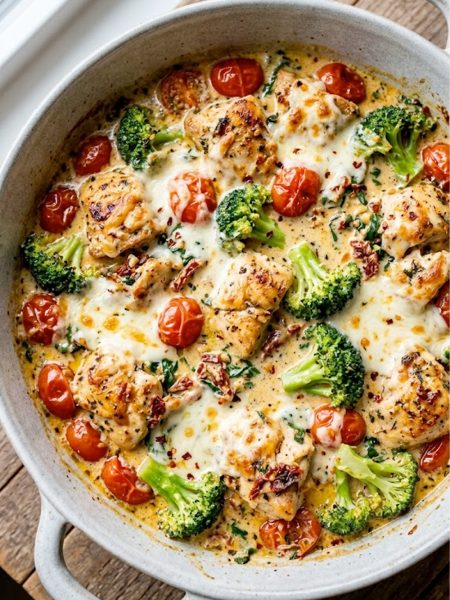 A large skillet filled with creamy keto Tuscan chicken chunks, bright cherry tomatoes, broccoli florets and melted mozzarella cheese in a rich Tuscan sauce on a rustic wooden surface