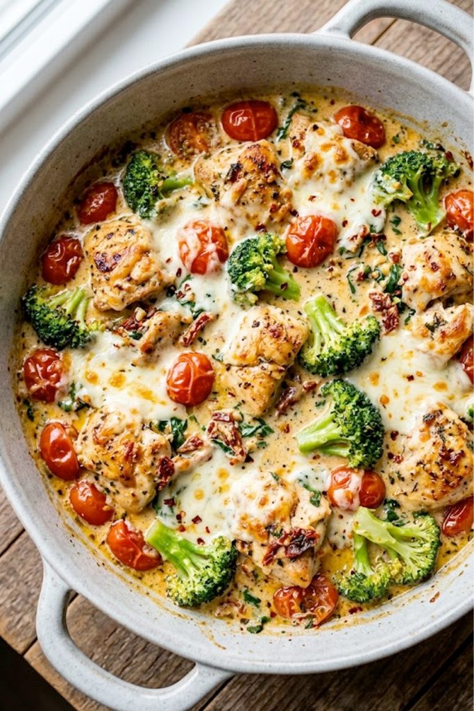 A large skillet filled with creamy keto Tuscan chicken chunks, bright cherry tomatoes, broccoli florets and melted mozzarella cheese in a rich Tuscan sauce on a rustic wooden surface