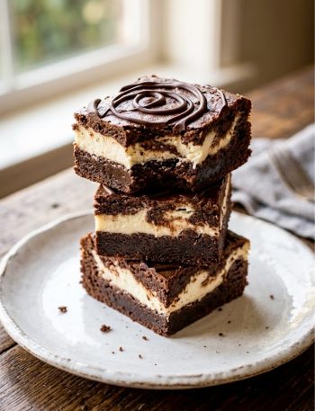 Three stacked keto cheesecake brownies with a visible creamy cheesecake swirl layer and chocolate drizzle on top, served on a white plate on a rustic wooden surface