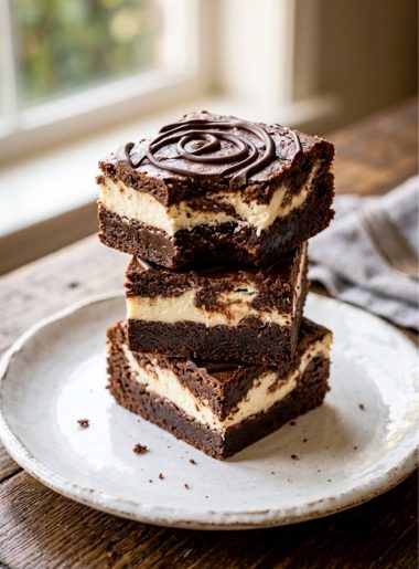 Three stacked keto cheesecake brownies with a visible creamy cheesecake swirl layer and chocolate drizzle on top, served on a white plate on a rustic wooden surface
